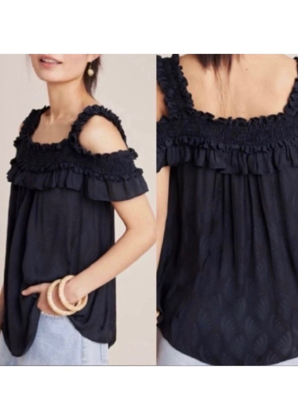 Anthropologie Finn Black Damask Leaf Smocked Open Shoulder Babydoll Top NWOT S